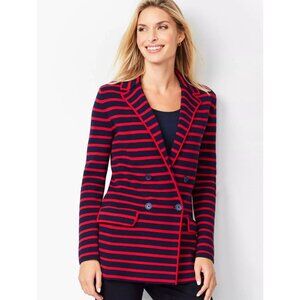 Talbots Stripe Knit Blazer Size 4 Cotton Blend Red Blue Double Breasted Classic
